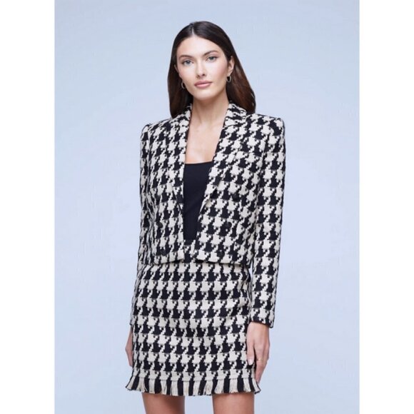 💕L'AGENCE Inez Tweed Blazer + Livia Tweed Skirt Light Camel Black Houndstooth 6 - Picture 4 of 16
